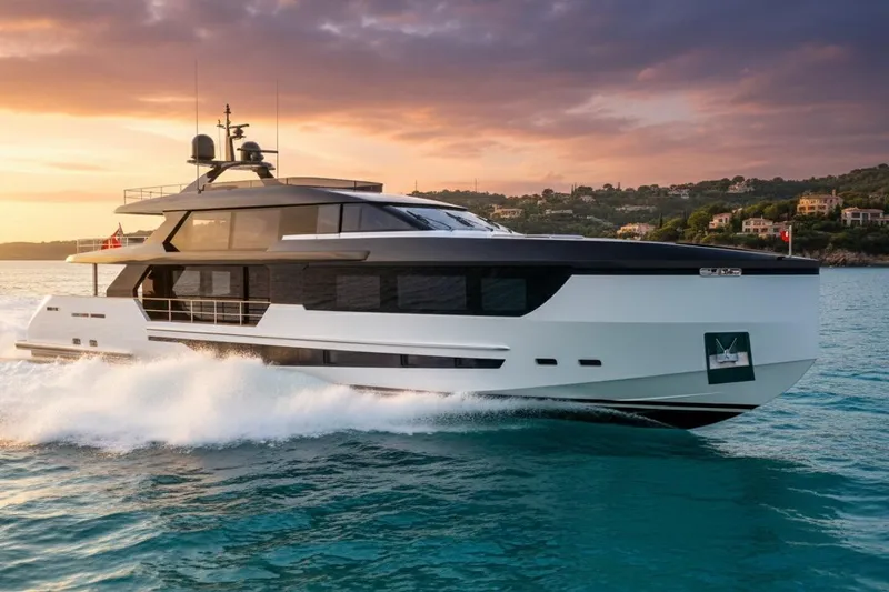  Yacht Photos Pics Luxurious 2027 KRC Yachting Dolphin 110 cruising at sunset on serene waters.