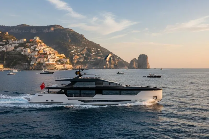  Yacht Photos Pics Luxury KRC Yachting Dolphin 110 cruising near scenic coastal cliffs, 2027 model.