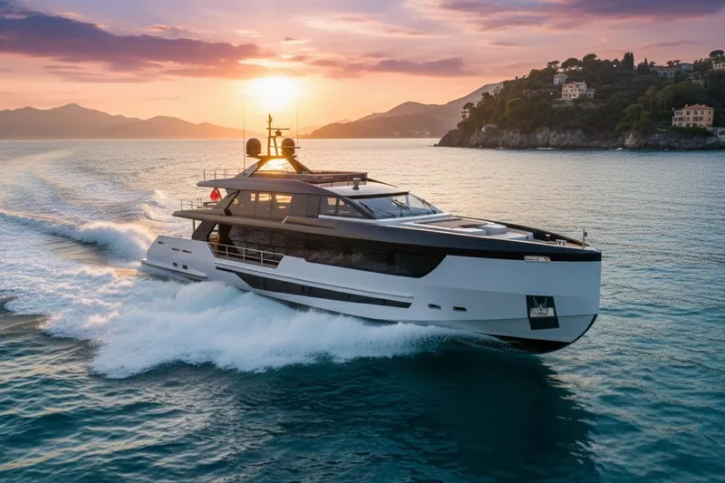  Yacht Photos Pics Luxurious 2027 KRC Yachts Dolphin 110 cruising at sunset near scenic coastline.