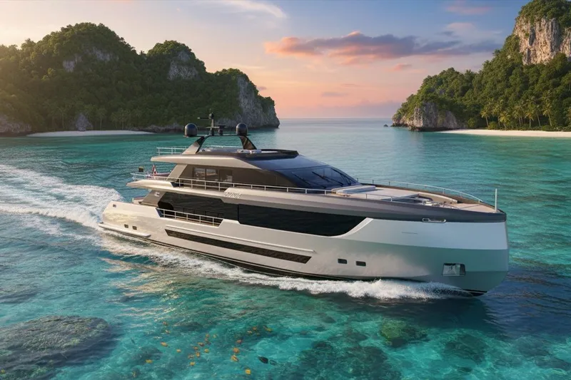  Yacht Photos Pics Luxury KRC Yachts Dolphin 110 cruising in tropical waters, 2027 model.