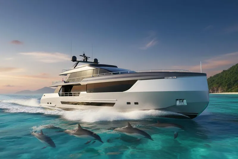  Yacht Photos Pics Luxurious 2027 KRC Yachts Dolphin 110 cruising with dolphins in tropical waters.
