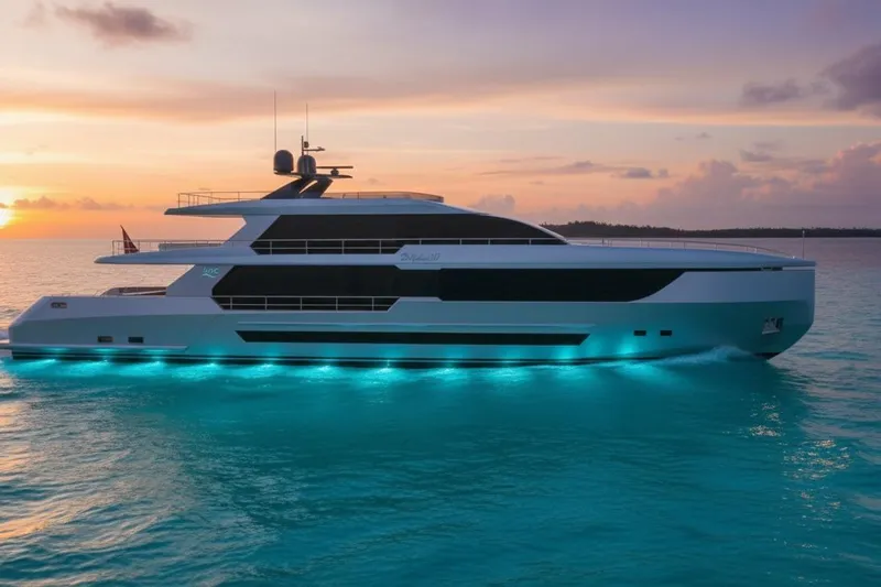  Yacht Photos Pics Luxurious 2027 KRC Yachts Dolphin 110 at sunset, featuring sleek design and underwater lights.