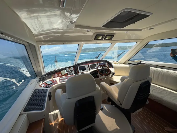 Obelix Yacht Photos Pics Interior view of 2006 Riviera 60 Flybridge yacht cockpit with ocean backdrop.