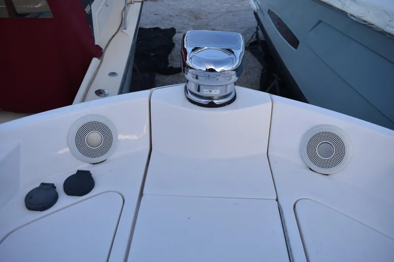  Yacht Photos Pics Bow of 2025 Regal 38 FXO with speakers and chrome fittings.