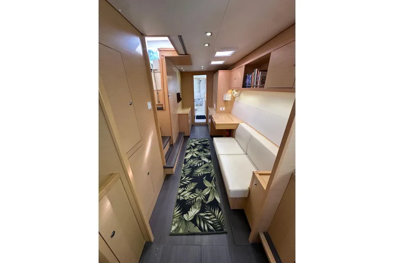 Callisto Yacht Photos Pics Interior of 2014 Lagoon 450 F yacht with modern design and tropical rug.