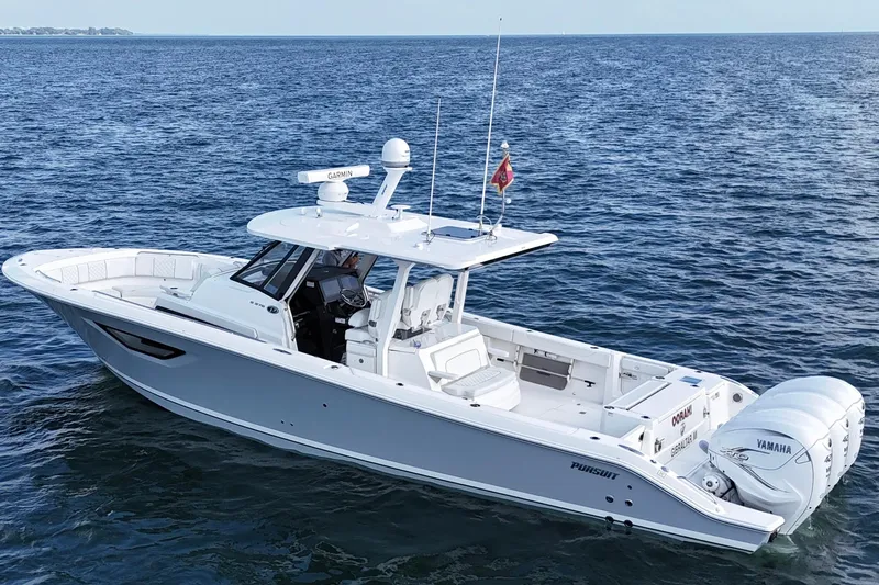 Oorah Yacht Photos Pics 2022 Pursuit S 378 Sport boat on open water, featuring Yamaha engines.