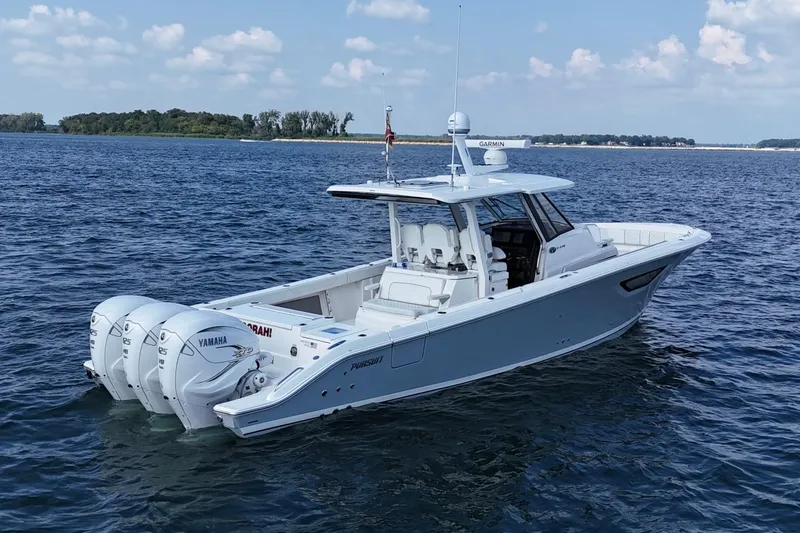 Oorah Yacht Photos Pics 2022 Pursuit S 378 Sport boat on open water with triple Yamaha engines.