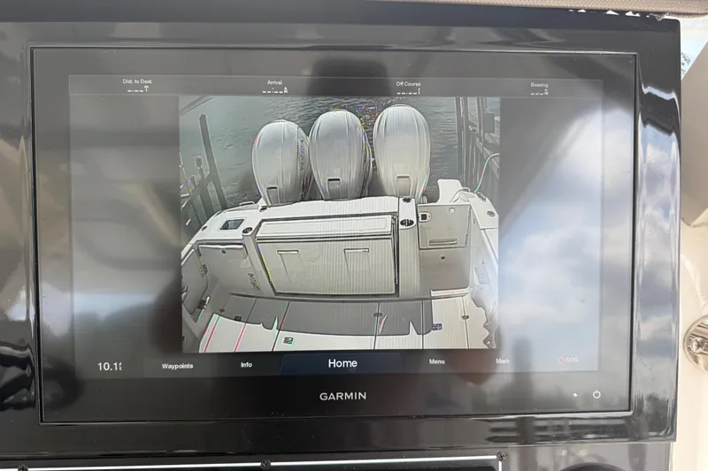 Oorah Yacht Photos Pics Garmin display on 2022 Pursuit S 378 Sport boat showing rear view camera.