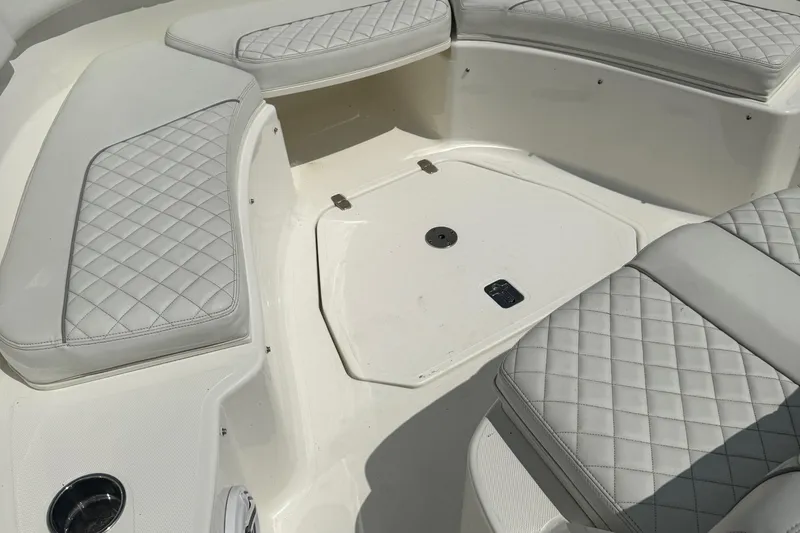 Oorah Yacht Photos Pics Luxurious seating on 2022 Pursuit S 378 Sport boat with quilted upholstery.