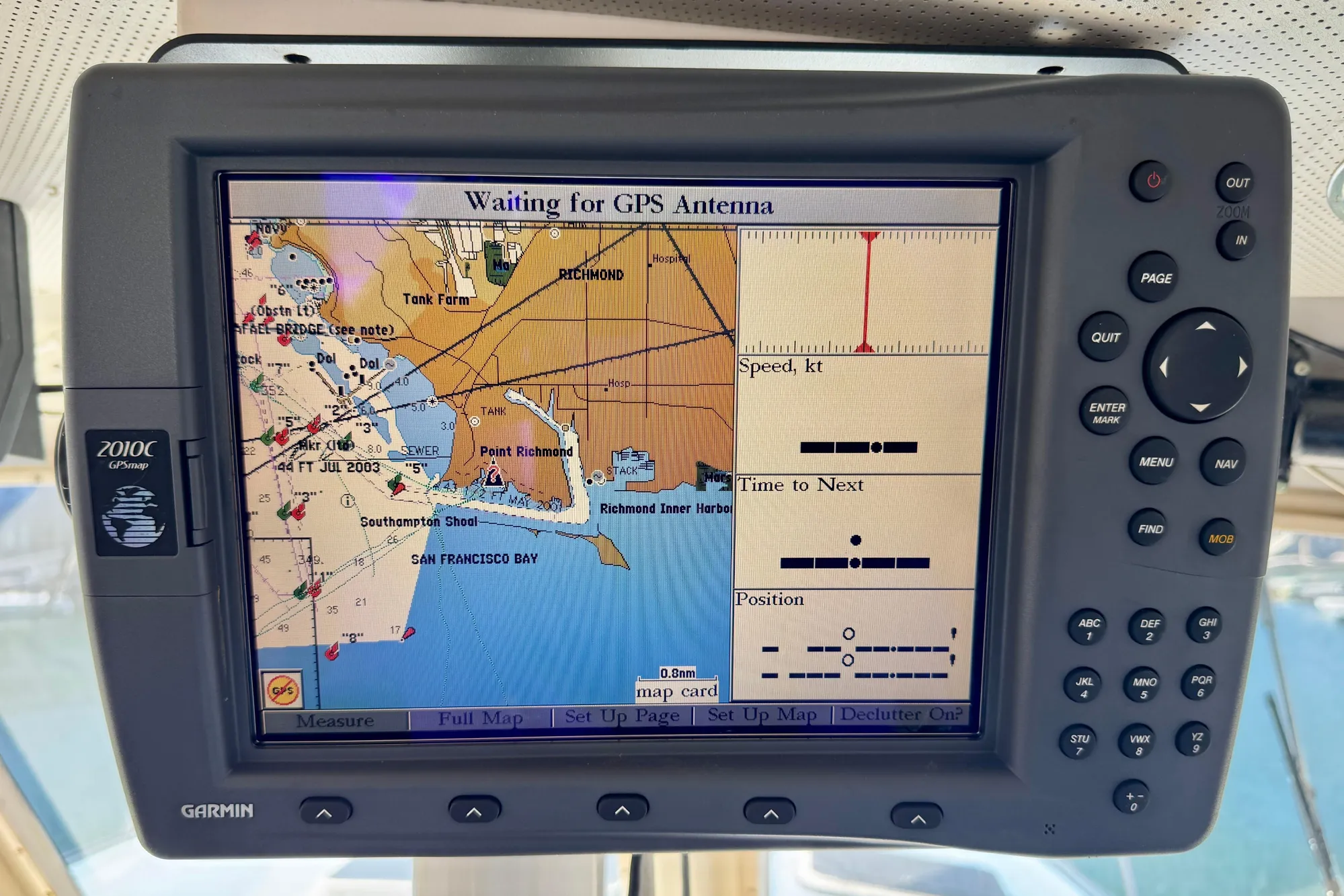 Garmin GPS display on 1982 Jarvis Newman Flybridge Cruiser, showing San Francisco Bay map.