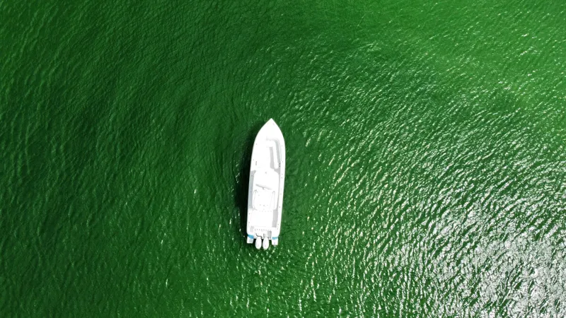La Nata 3 Yacht Photos Pics Aerial view of 2015 Intrepid 375 Center Console boat on green water.