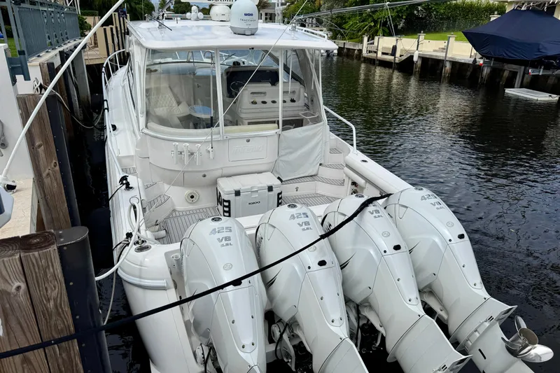 Tekeze Yacht Photos Pics 2019 Intrepid 475 Sport Yacht docked with four powerful outboard engines.