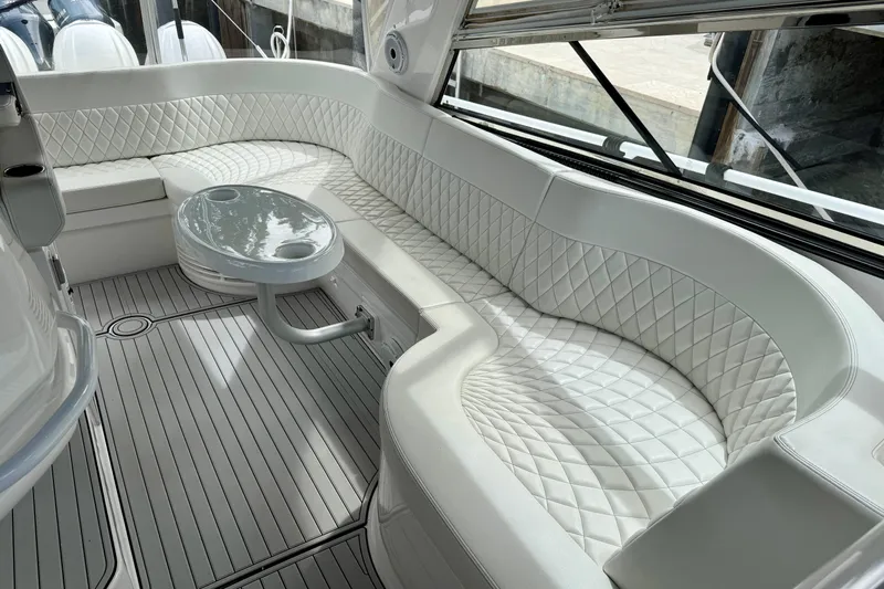 Tekeze Yacht Photos Pics Luxurious interior of 2019 Intrepid 475 Sport Yacht with quilted seating and sleek design.