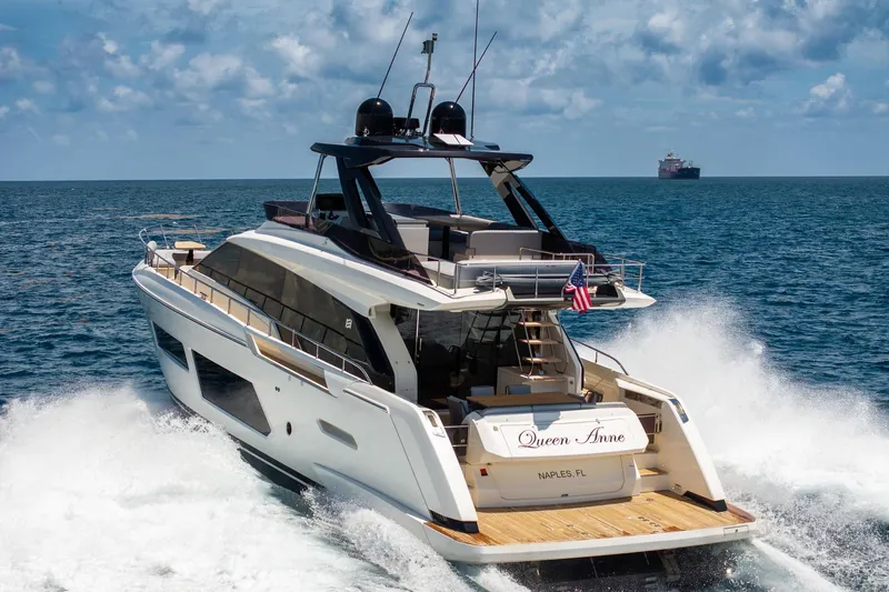  Yacht Photos Pics Luxury 2022 Ferretti Yachts 670 cruising on open sea, rear view.