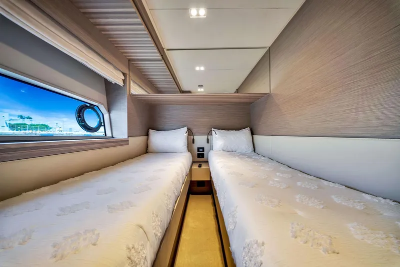 Yacht Photos Pics Luxurious twin cabin interior of 2022 Ferretti Yachts 670 with modern design.