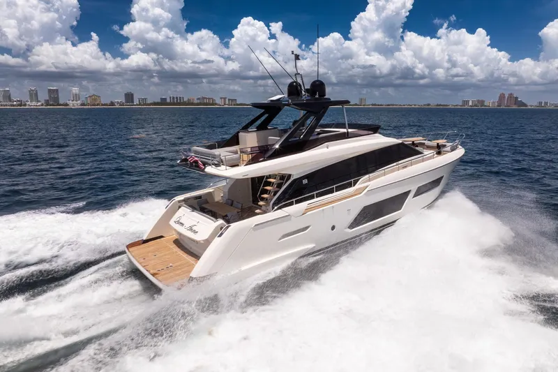  Yacht Photos Pics Luxurious 2022 Ferretti Yachts 670 cruising on open water under a clear sky.