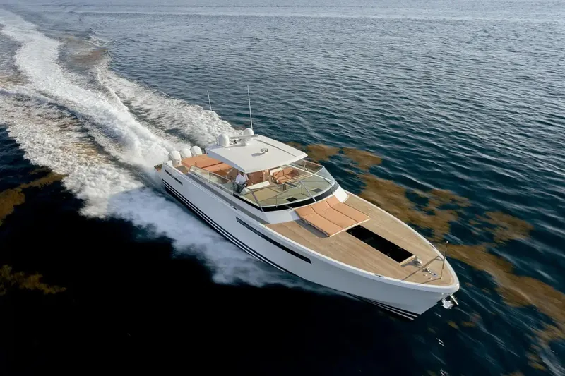  Yacht Photos Pics 2024 Delta Powerboats 60 Open cruising on open water, showcasing sleek design and performance.
