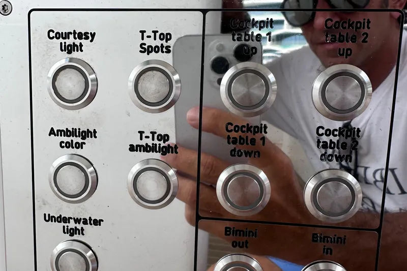 M2o Yacht Photos Pics Control panel of 2024 Fjord 53 XL yacht with various lighting and table settings.
