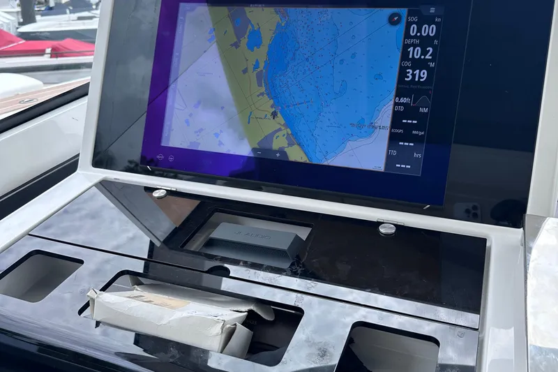 M2o Yacht Photos Pics Navigation display on 2024 Fjord 53 XL yacht, showing nautical chart and data.