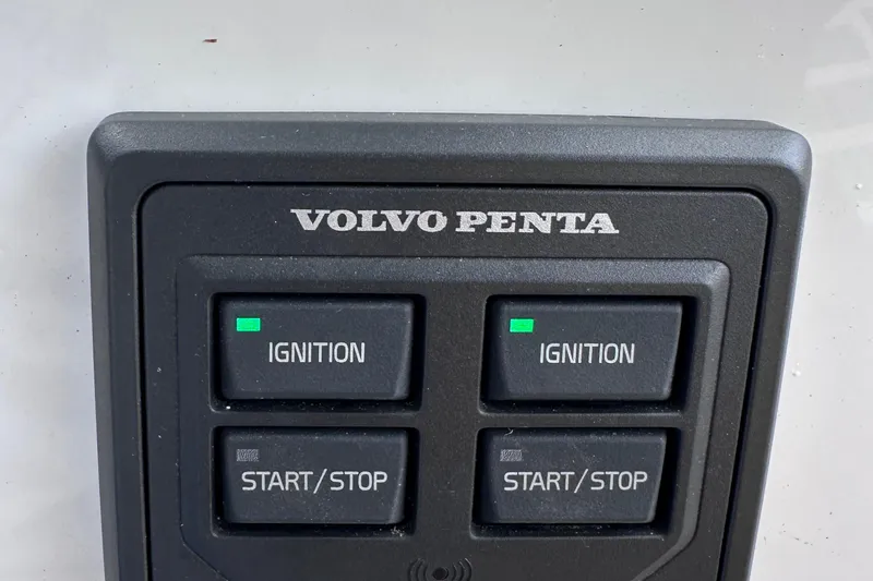 M2o Yacht Photos Pics Volvo Penta ignition panel on 2024 Fjord 53 XL boat, featuring start/stop buttons.