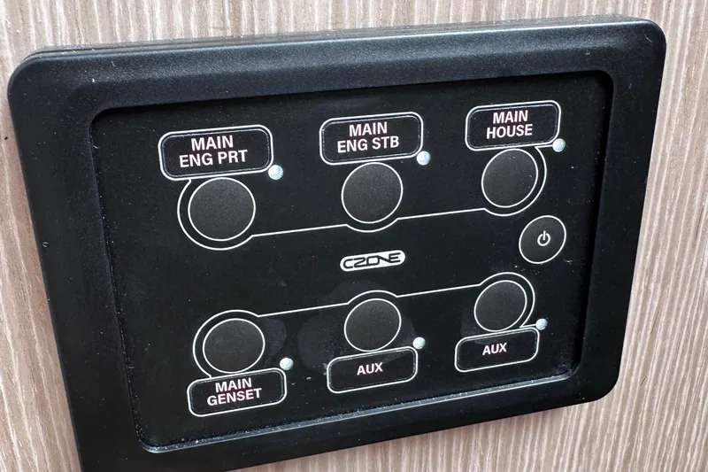 M2o Yacht Photos Pics Control panel on 2024 Fjord 53 XL boat, featuring main engine and auxiliary switches.