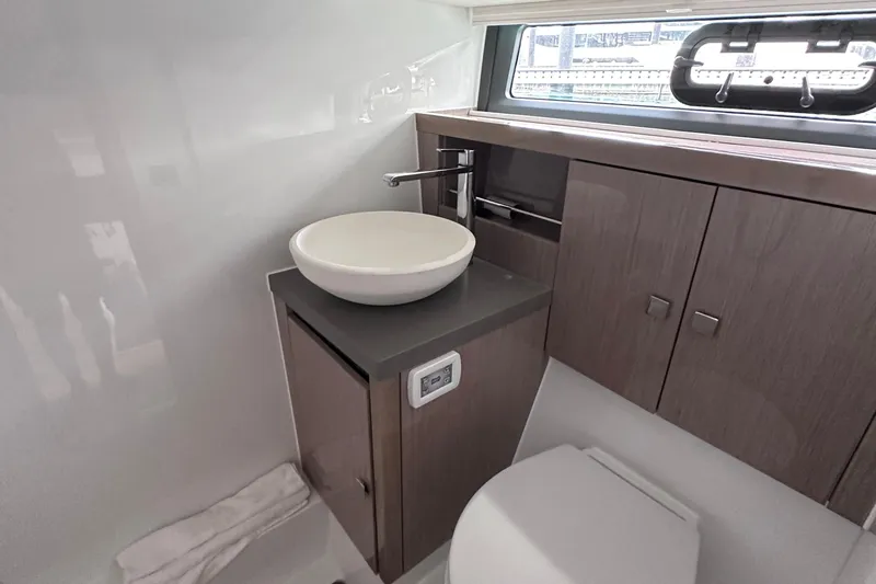 M2o Yacht Photos Pics Modern bathroom interior of 2024 Fjord 53 XL yacht with sleek fixtures.