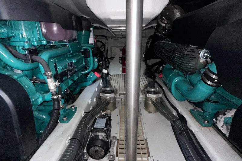 M2o Yacht Photos Pics Engine room of 2024 Fjord 53 XL yacht, showcasing dual engines and mechanical components.