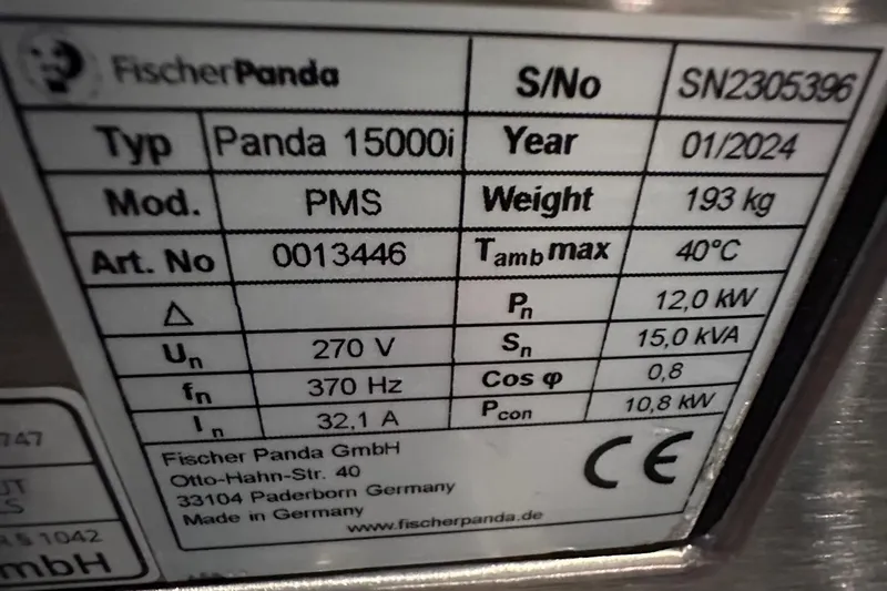 M2o Yacht Photos Pics Fischer Panda generator label, model Panda 15000i, specifications and serial number details.