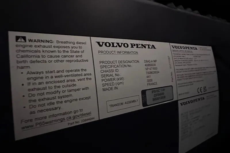 M2o Yacht Photos Pics Warning label on Volvo Penta engine for 2024 Fjord 53 XL boat.