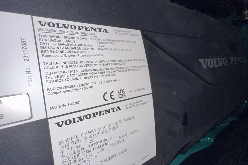 M2o Yacht Photos Pics Volvo Penta engine label on a 2024 Fjord 53 XL, showing emission control information.