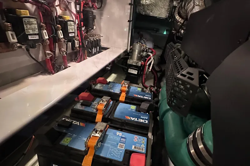 M2o Yacht Photos Pics 2024 Fjord 53 XL engine room with batteries and wiring components.