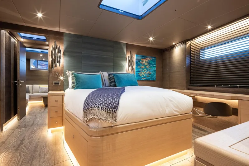 Liara Yacht Photos Pics Luxurious Baltic Custom 112 yacht bedroom interior, 2019 model, featuring modern design and ambient lighting.