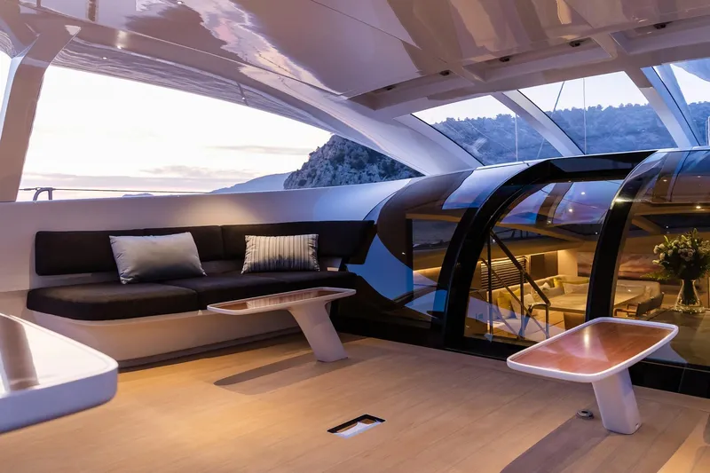 Liara Yacht Photos Pics Luxurious interior of 2019 Baltic Custom 112 yacht with modern seating and panoramic views.