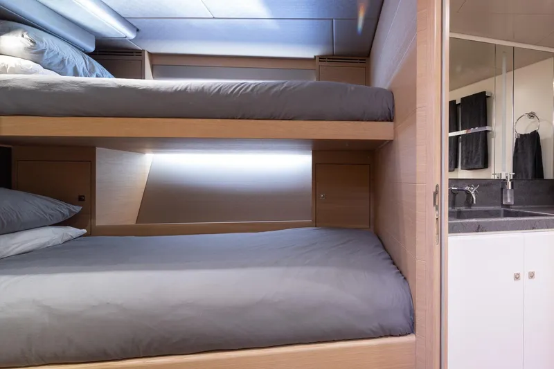 Liara Yacht Photos Pics Luxurious Baltic Custom 112 yacht interior with bunk beds and modern bathroom, 2019 model.