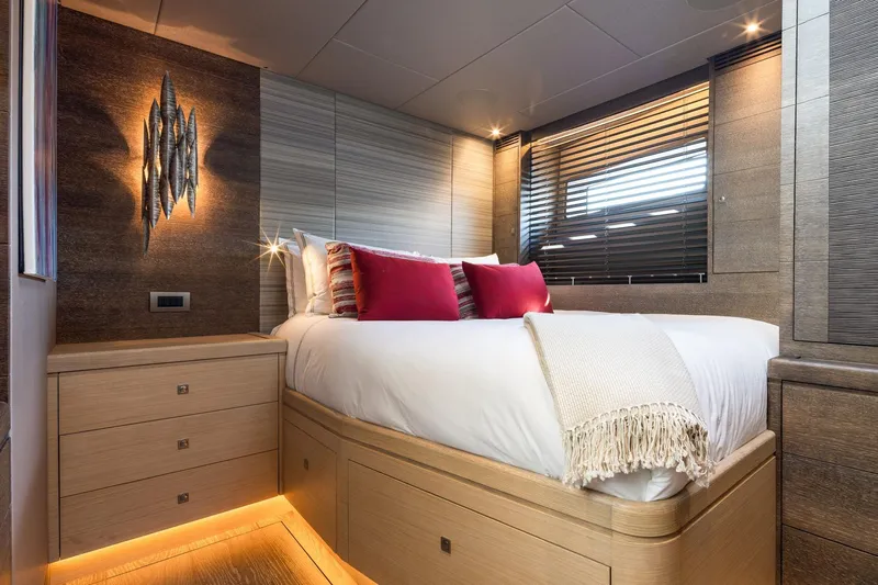Liara Yacht Photos Pics Luxurious bedroom interior on 2019 Baltic Custom 112 yacht with modern decor and ambient lighting.