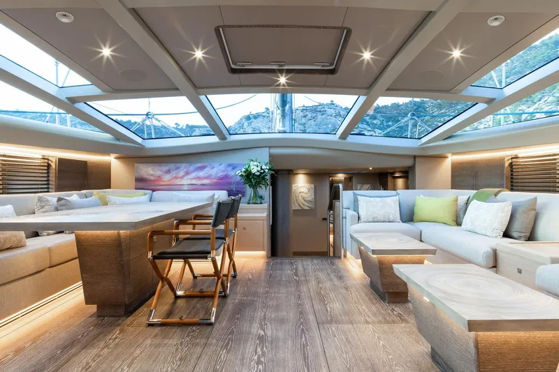 Liara Yacht Photos Pics Luxurious interior of 2019 Baltic Custom 112 yacht with modern design and panoramic windows.
