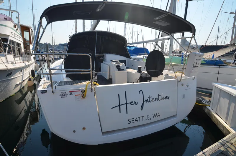 Her Intentions Yacht Photos Pics Jeanneau Sun Odyssey 440 yacht docked, named "Her Intentions," in Seattle marina, 2021 model.