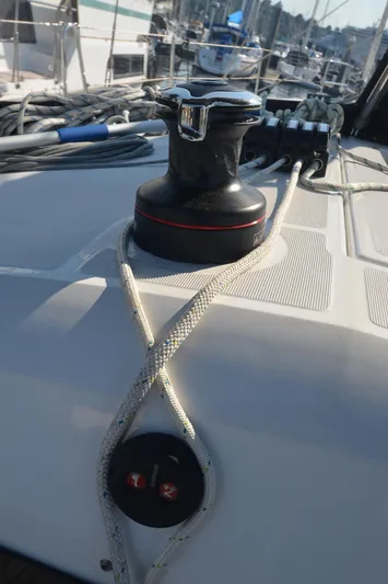 Her Intentions Yacht Photos Pics Winch and ropes on Jeanneau Sun Odyssey 440 sailboat deck, 2021 model.