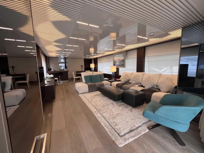  Yacht Photos Pics Luxurious interior of 2020 Ferretti Yachts 850 with modern furnishings and elegant design.