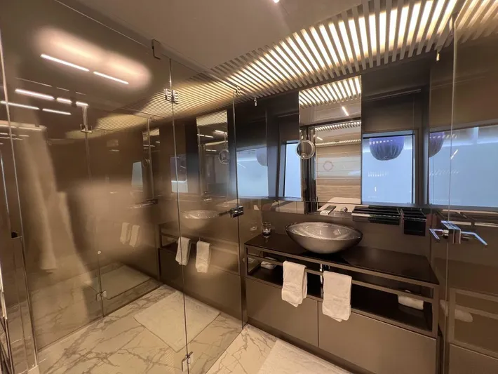  Yacht Photos Pics Luxurious bathroom interior of 2020 Ferretti Yachts 850 with modern fixtures and elegant design.