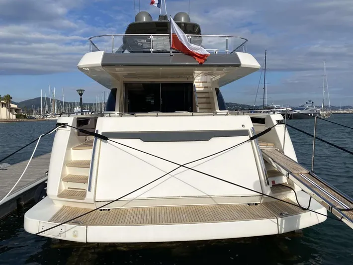  Yacht Photos Pics Luxury Ferretti Yachts 850, 2020 model, docked at marina with clear skies.