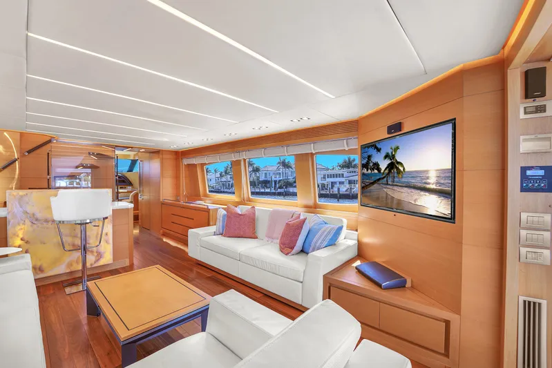  Yacht Photos Pics Luxurious 2016 Maiora Custom yacht interior with elegant furnishings and scenic window views.