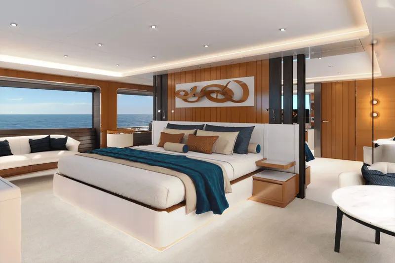  Yacht Photos Pics Luxurious bedroom on Ocean Alexander 35P yacht, model year 2026.