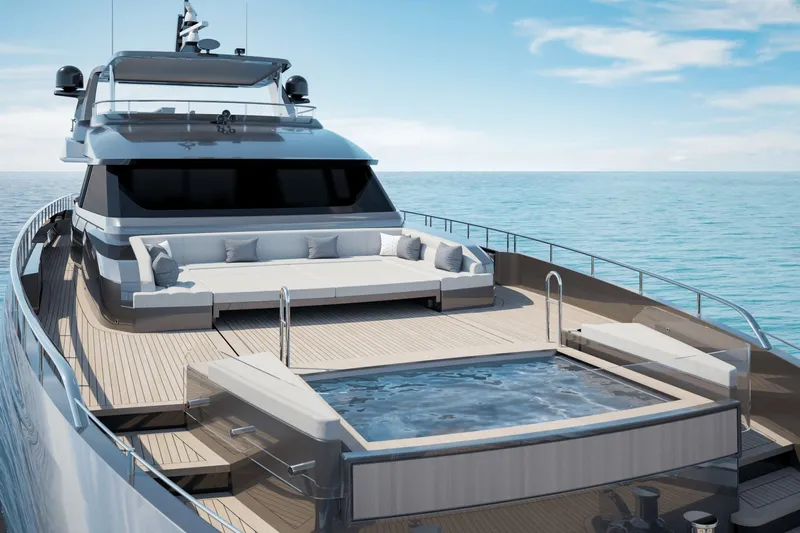  Yacht Photos Pics Luxury Ocean Alexander 35P 2026 yacht with hot tub and lounge area.