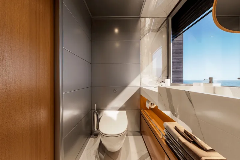  Yacht Photos Pics Luxurious bathroom on Ocean Alexander 35P yacht, year 2026.