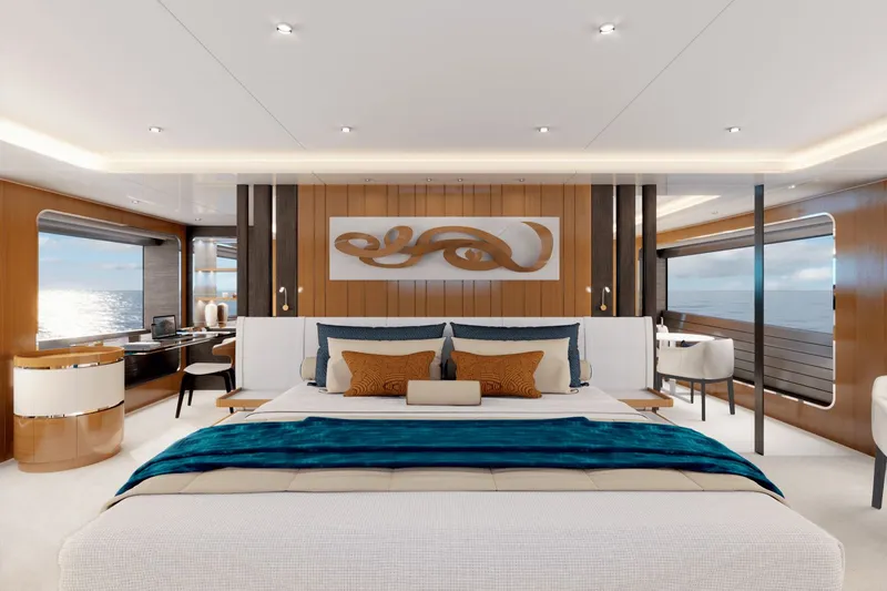  Yacht Photos Pics Luxurious bedroom on Ocean Alexander 35P yacht, model year 2026.