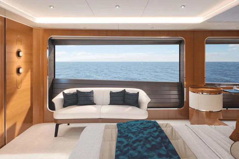  Yacht Photos Pics Luxurious interior of Ocean Alexander 35P yacht, 2026 model, with ocean view.