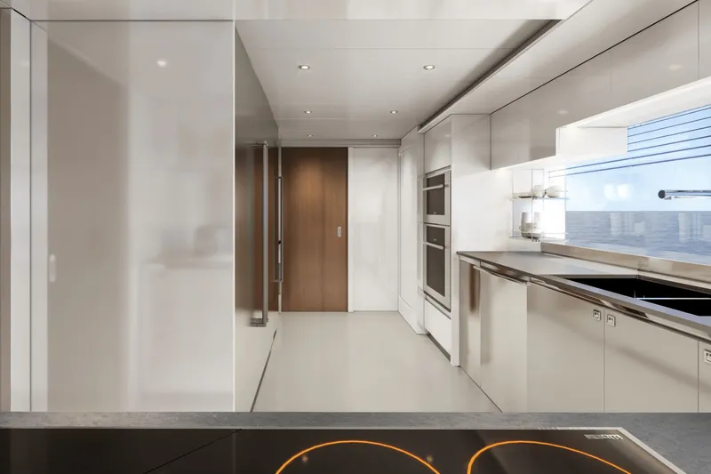  Yacht Photos Pics Modern kitchen on Ocean Alexander 35P yacht, 2026 model.