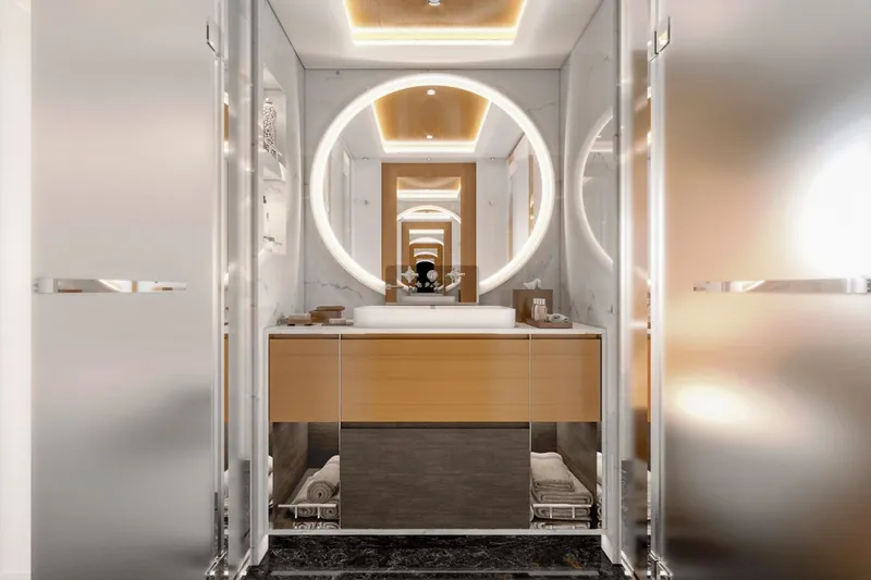  Yacht Photos Pics Luxurious bathroom in Ocean Alexander 35P yacht model 2026.