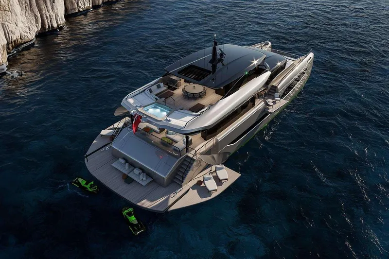  Yacht Photos Pics Luxury Sunreef Ultima 111 yacht, 2026 model, with pool and deck, cruising in clear waters.